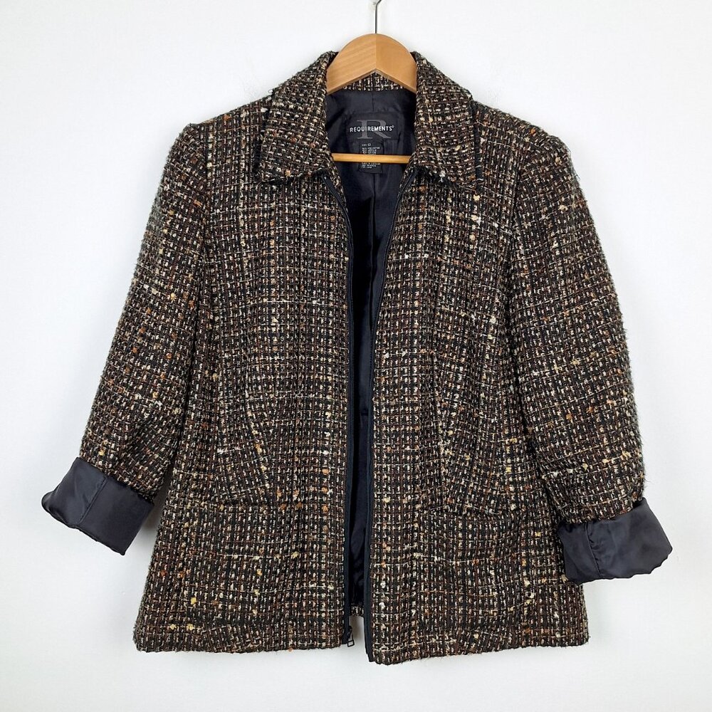 Tweed Boucle Blazer Size 12. Black Brown Padded Shoulder Raw Edge Requirements